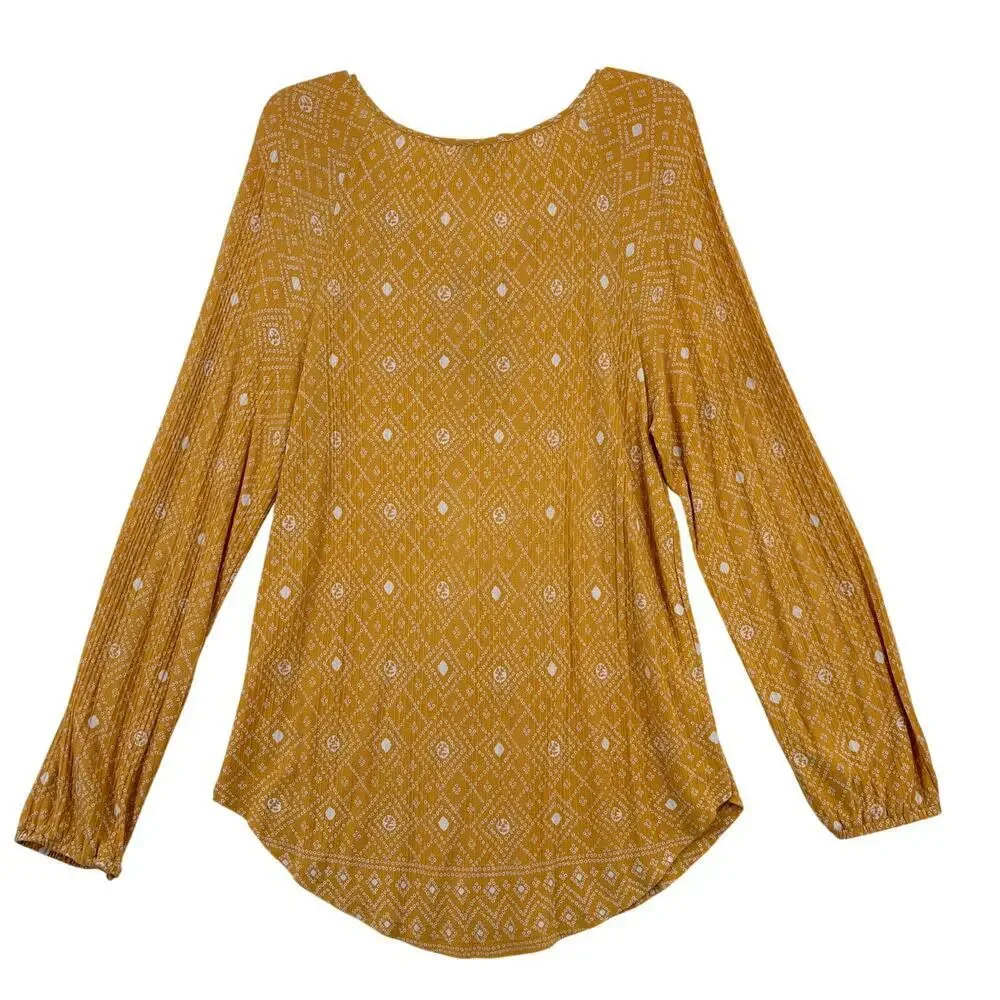 Lucky Brand Peasant Bouse Size M Golden‎ Yellow Print Peasant Tied Deep V Neck